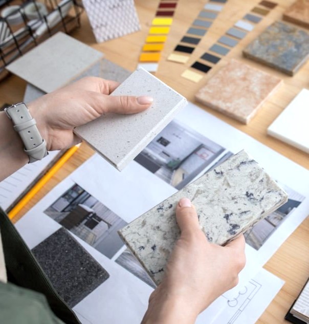 Hands of young female designer holding two samples of marble tile over wooden table with digital tablet, photos of home interior.